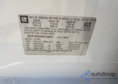 2017 GMC Sierra 1500 Denali z USA, uszkodzony, nr VIN 3GTP1PEJ2HG109847